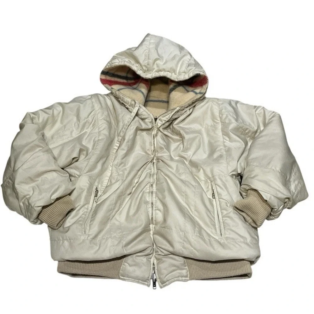 Vintage Bogner Reversible Puffer Jacket Plaid Wool Ivory Hooded Ski Bomber‎